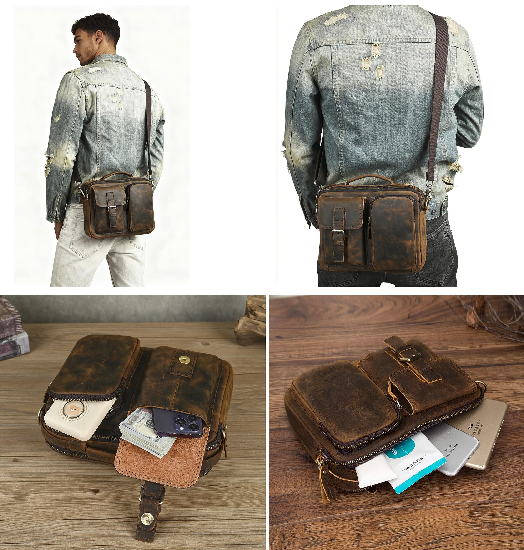 Le'aokuu Cross Body Messenger Schultertasche Umhängetasche Herren Original Leder für 10 "Tablets 036 (036 A Dunkelbraun)