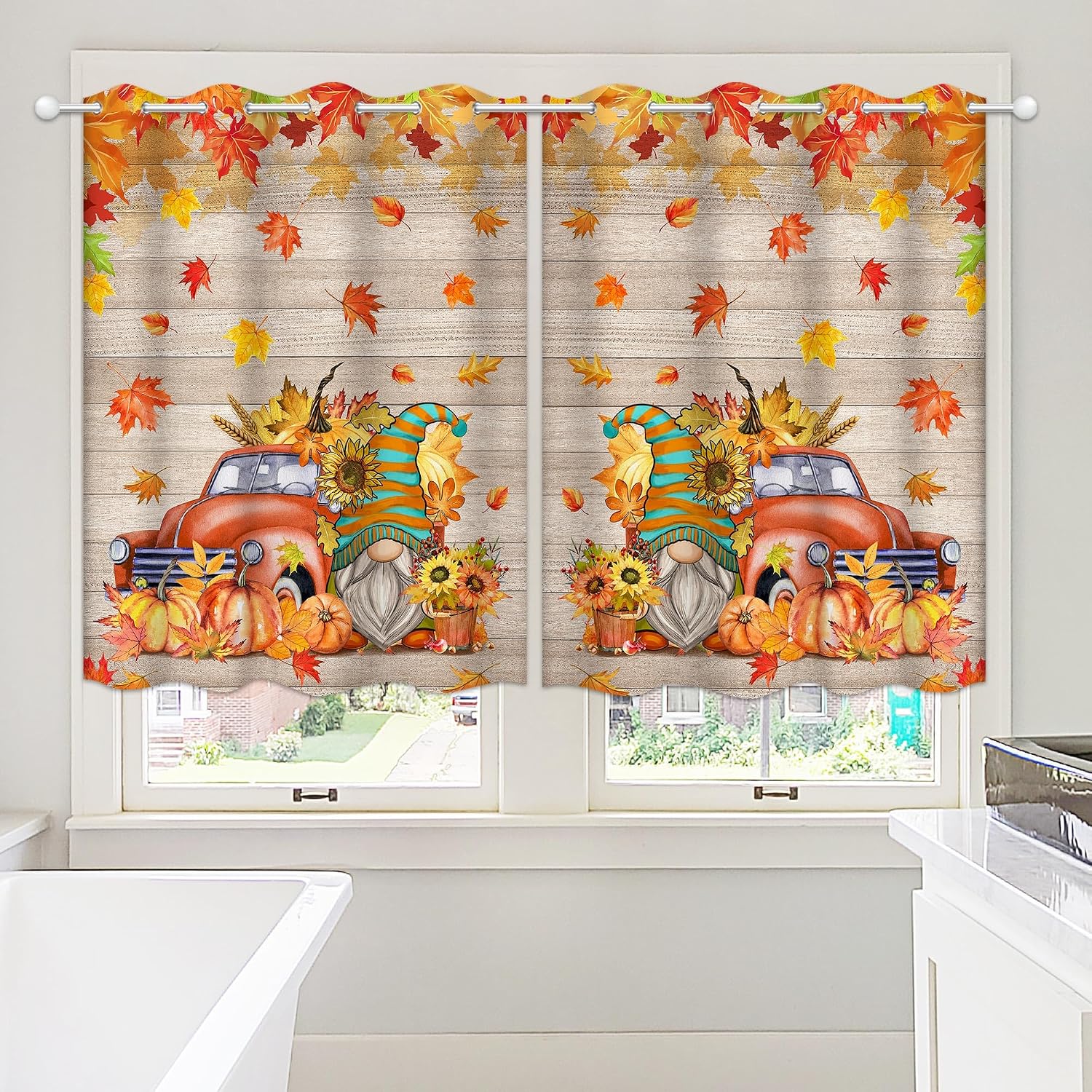 Fall Gnomes Kitchen Curtains Tiers and Valances Set of 3 - Farmhouse Truck and Pumpkins Harvest Window Curtains 36 Inch Length - Thanksgiving Decorations for Home