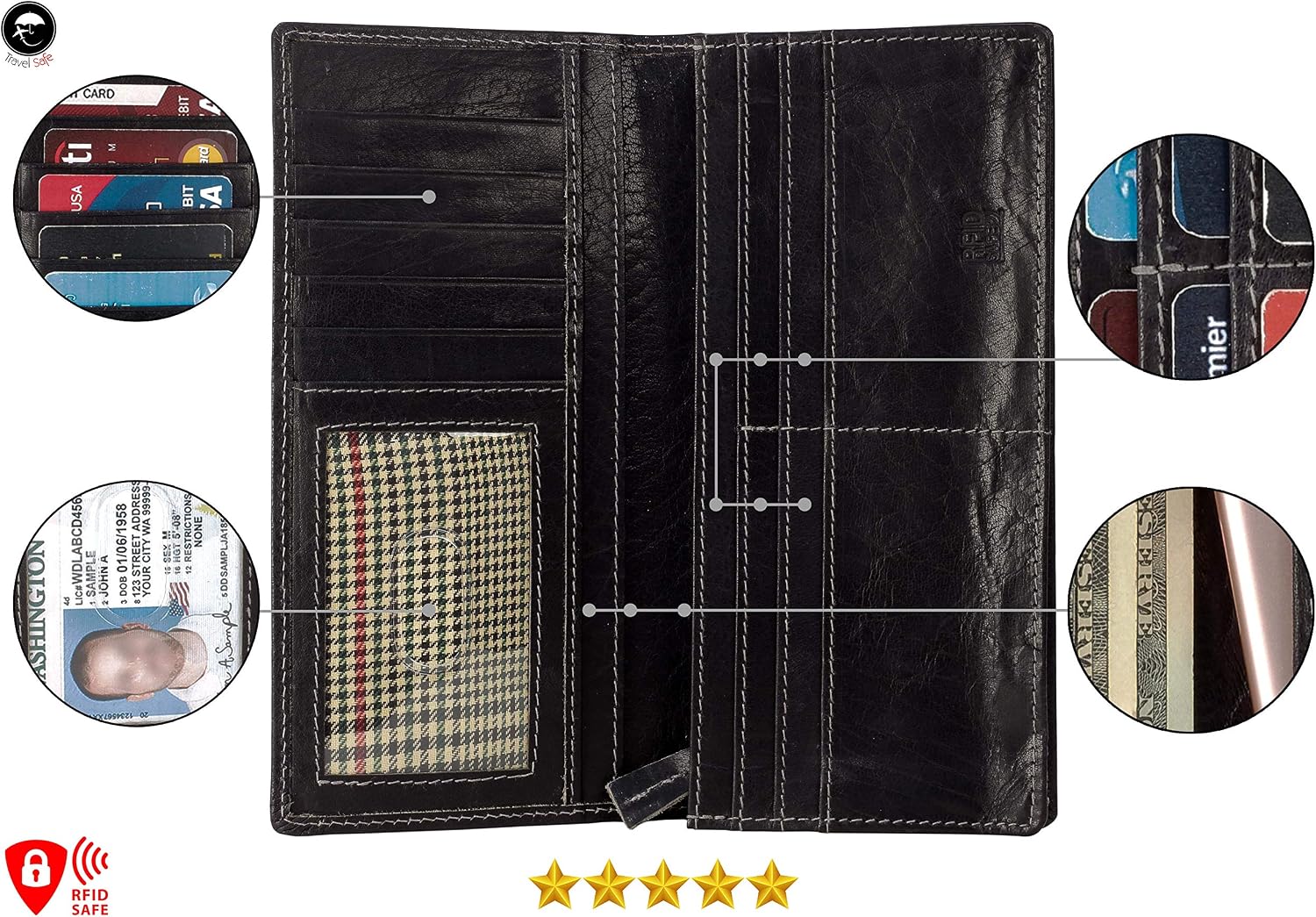 RFID Blocking Mens Genuine leather Bifold Long Wallet