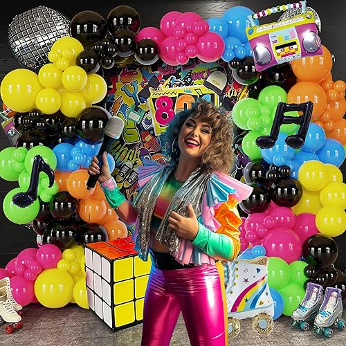 Miniatura 4 de Decoraciones de fiesta de los años 80 y 90, kit de globos retro de los años 70 con bola de discoteca, globos de patinaje de radio, globos para