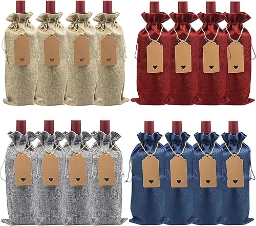 DIWNELEM Paquete de 16 bolsas de vino de arpillera con cordón, bolsas de regalo de vino de yute, fundas para botellas de vino con cordón para fiesta