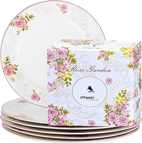 Miniatura 7 de STPGoods - Juego de 6 platos llanos de porcelana con diseño floral de rosas de China para ensalada, pasta, postre grande, aptos para microondas y