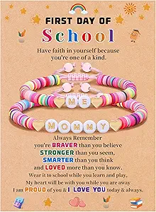 First Day of School Gifts Matching Bracelets for Women Girls Mother and Daughter Beaded Bracelet Multicolor Bead Stretch Back to School Gift I Love You Engraved Christmas Birthday Jewelry