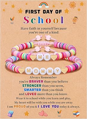 First Day of School Gifts Matching Bracelets for Women Girls Mother and Daughter Beaded Bracelet Multicolor Bead Stretch Back to School Gift I Love You Engraved Christmas Birthday Jewelry