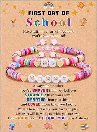 First Day of School Gifts Matching Bracelets for Women Girls Mother and Daughter Beaded Bracelet Multicolor Bead Stretch Back to School Gift I Love You Engraved Christmas Birthday Jewelry