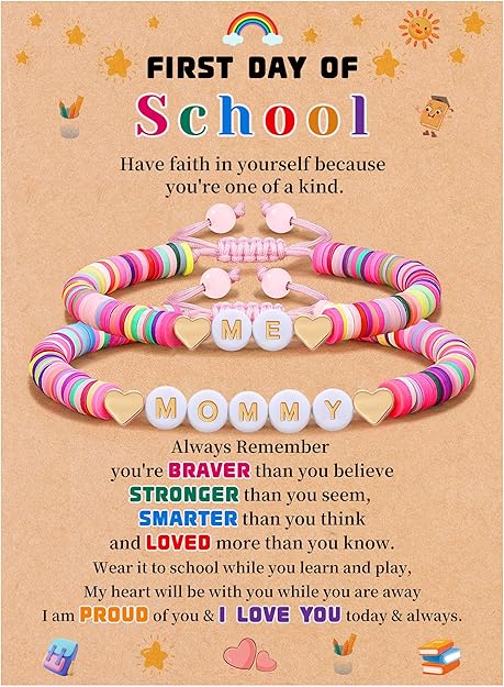First Day of School Gifts Matching Bracelets for Women Girls Mother and Daughter Beaded Bracelet Multicolor Bead Stretch Back to School Gift I Love You Engraved Christmas Birthday Jewelry