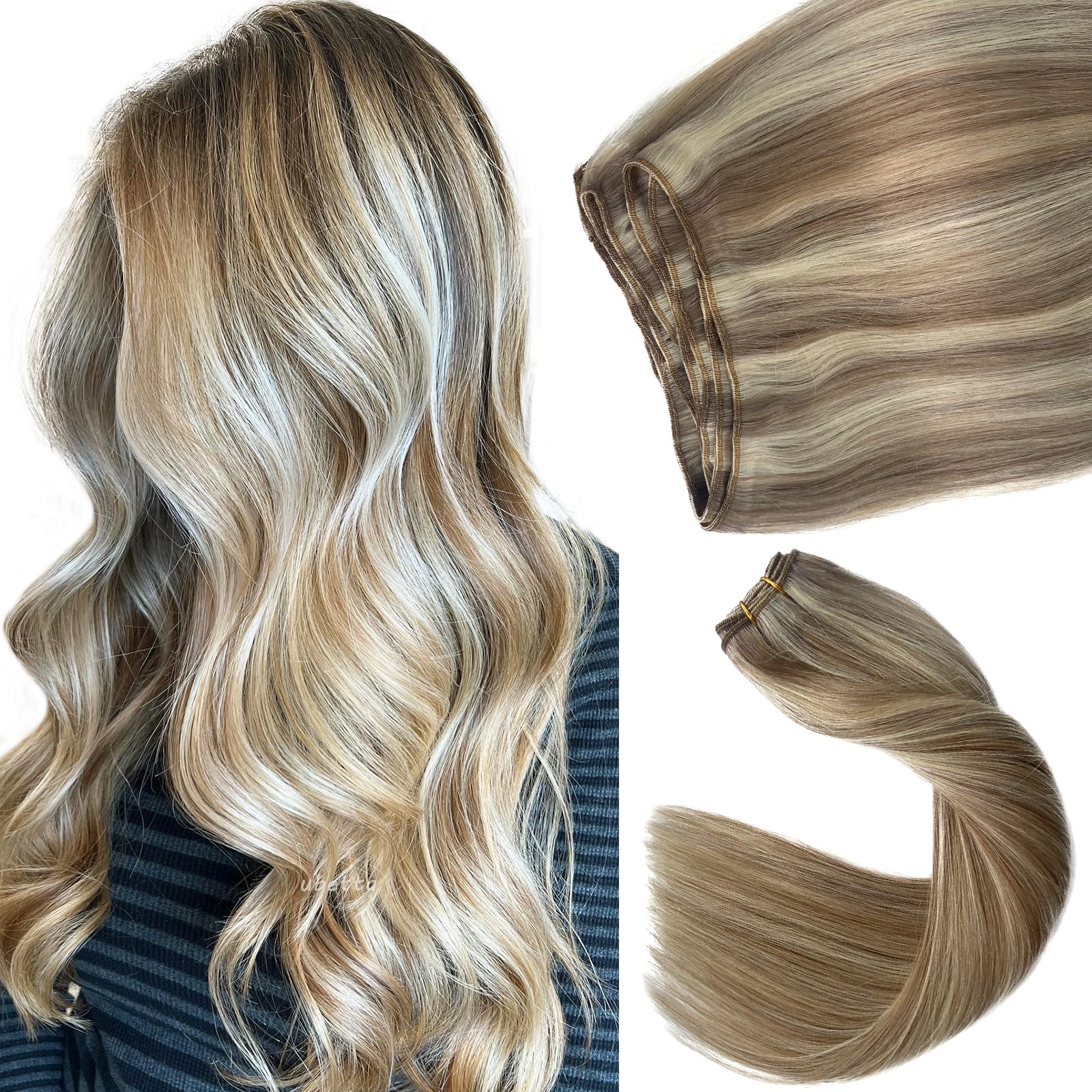 Sew in Hair Extensions Real Human Hair,Ubetta Hand Tied Weft Hair Extensions Human Hair Ash Brown Balayage Platinum Blonde Shades 12 Inch 80G Human