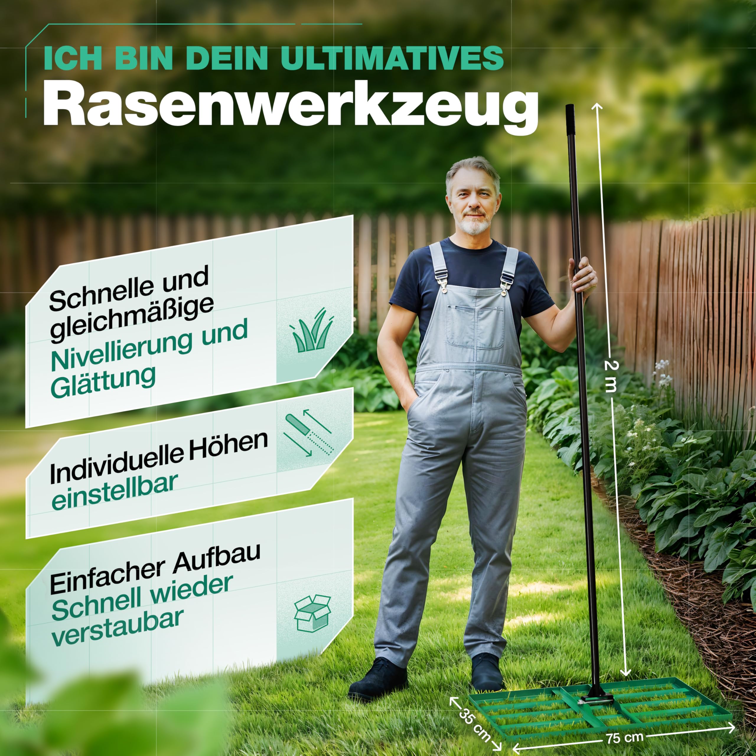 SMABIX® Rasenrakel 75x35cm mit Metallstiel Nivellierrechen Leveling Rake