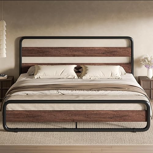 Miniatura 29 de Estructura de cama SHA CERLIN de tamaño matrimonial con cabecero y pie de cama de madera, estructura de cama de plataforma resistente con