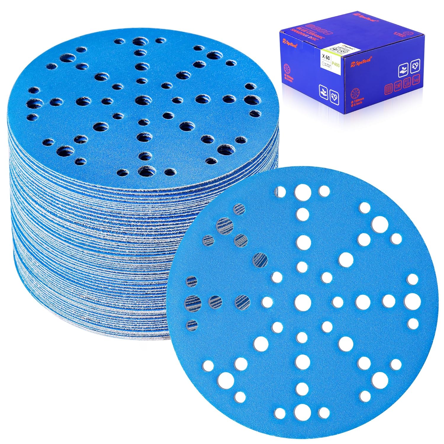 SpeTool 6 Inch Sanding Discs, 49 Hole Hook and Loop Sandpaper 60 Pack Compatible for Random Orbital Sander, Stearate Anti-Clog Coating with 400 Grit Ceramic Aluminum Oxide Abrasives for Sanding Chore