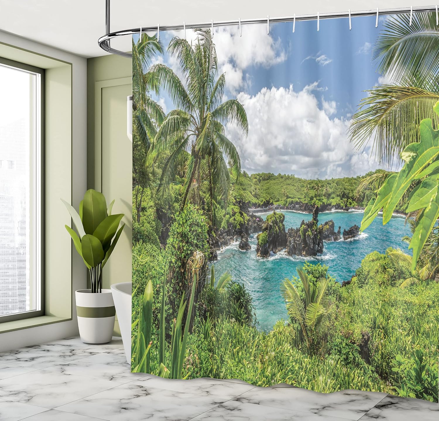 Ambesonne Hawaiian Shower Curtain, Relaxing Exotic Lagoon with Coconut Trees Nature Forest Clouds Plants Rocks Print, Cloth Fabric Bathroom Decor Set with Hooks, 69" W x 70" L, Green Blue