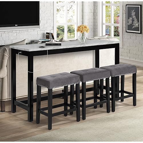 New Classic Furniture Celeste Faux Marble Theater Table and 3 Bar Stools Set, Gray Velvet with Black Base