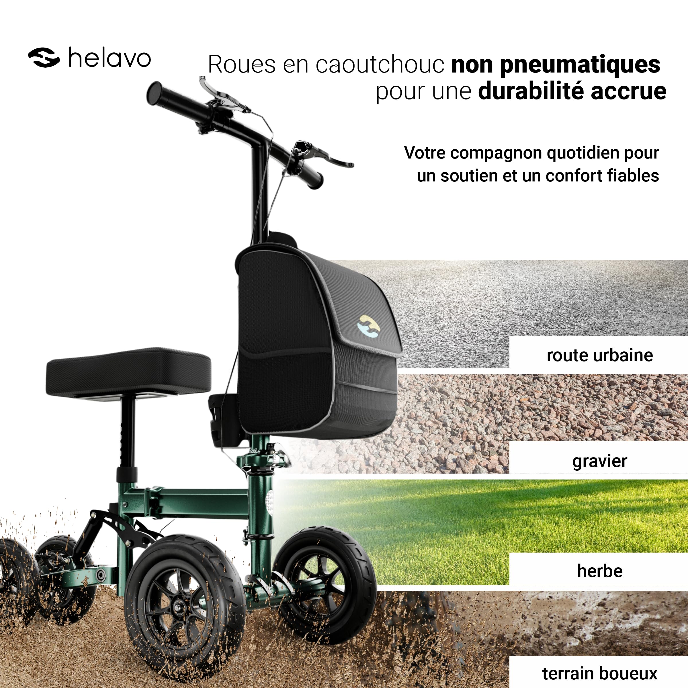 Helavo Trottinette à genoux avec pneus en caoutchouc massif anti-crevaison – Trottinette pliable pour blessures à la cheville, au pied ou au bas de la jambe, Knee Rover