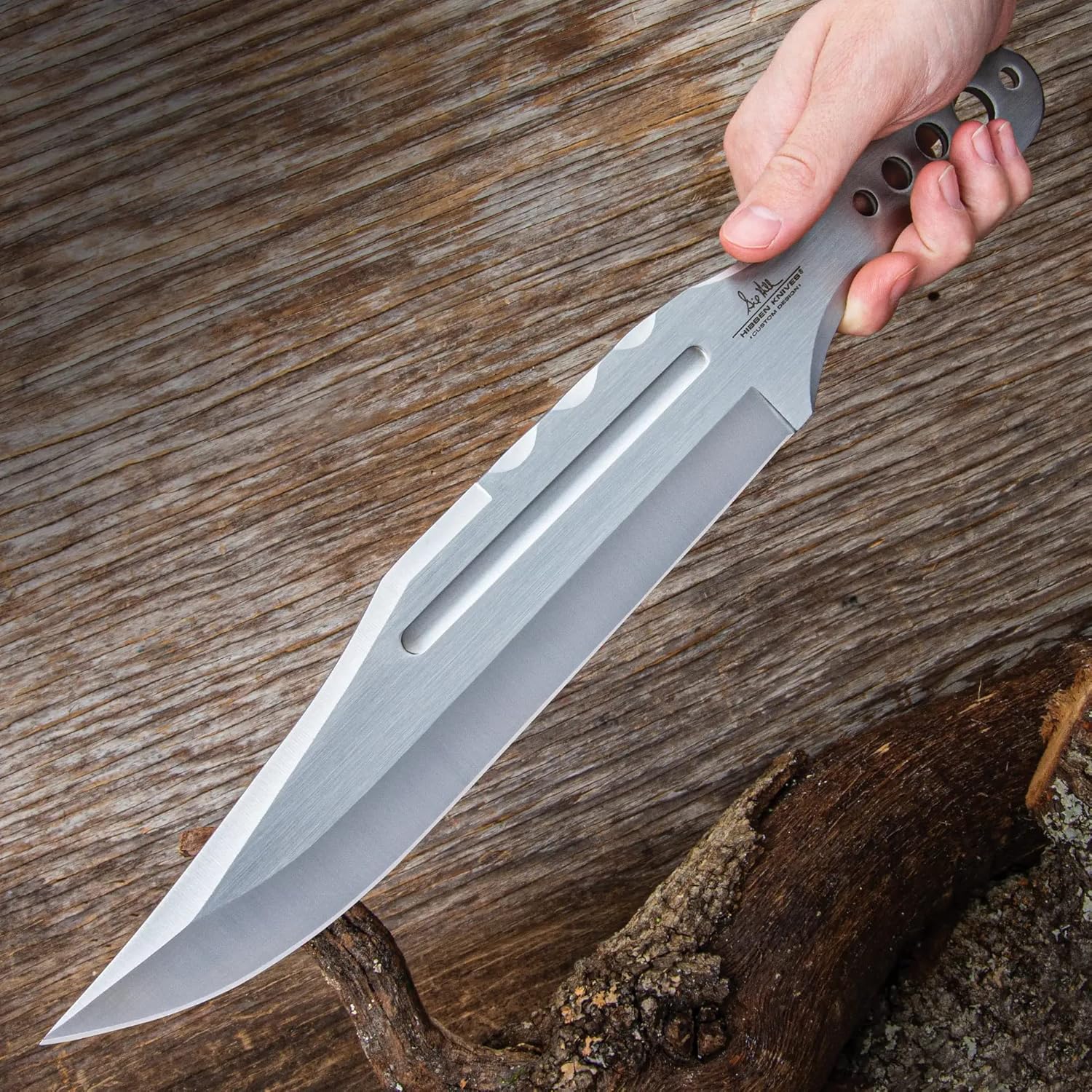 Hibben III Throwing Knife with Black Sheath – One-Piece 3Cr13 Stainless Steel, Clip Point Blade, Weight-Reducing Through-Holes – Become a Knife Throwing Master - 15” Overall