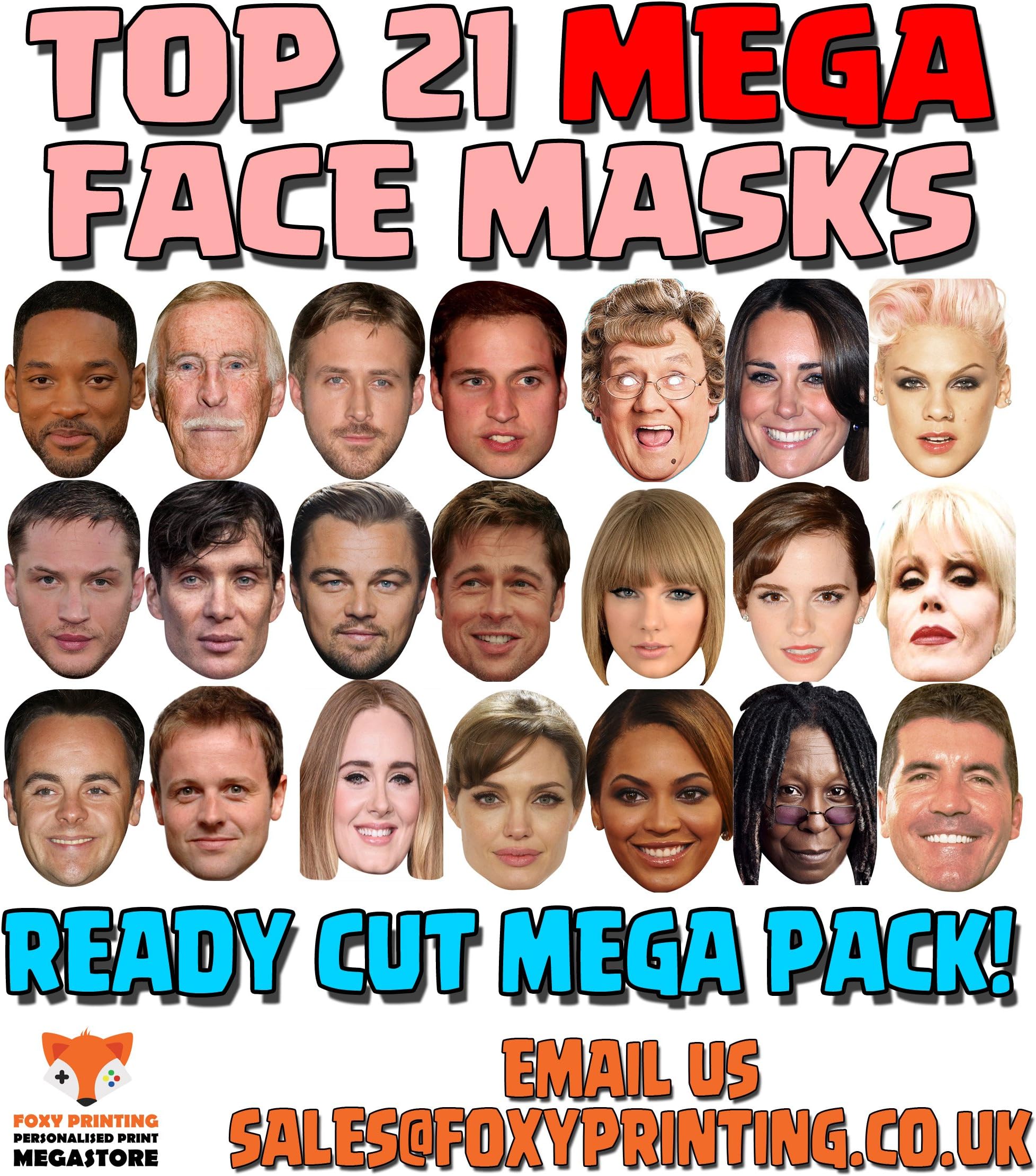 Celebrity Face Mask MEGA PACK TOP 20 Celebrities - Random Photo Mask Pack Celebrity Party Novelty Xmas Fancy Dress Face Mask