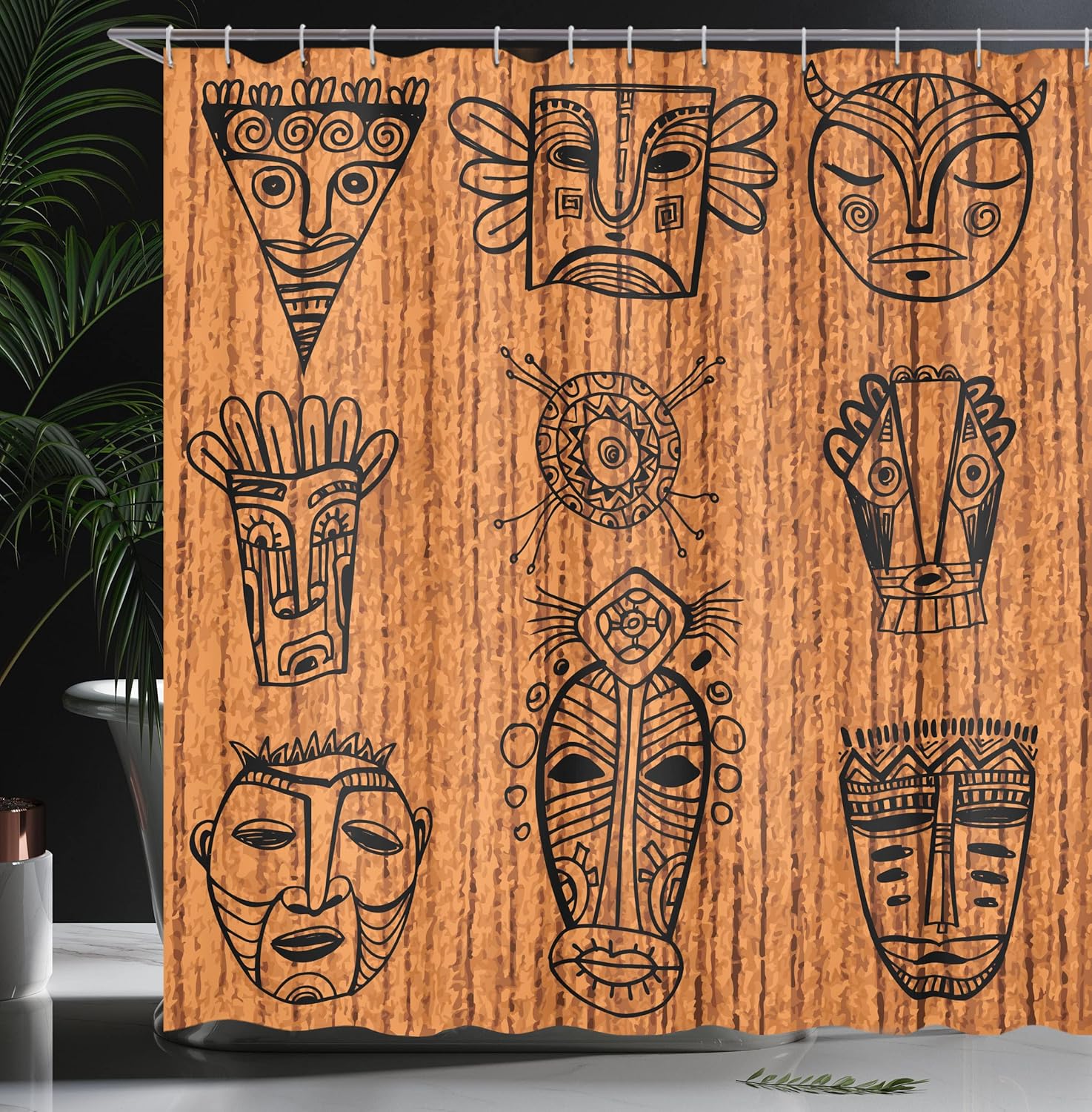 Ambesonne African Shower Curtain, Ceremonial Native Illustration Cultural Art Print Geometric Pattern, Cloth Fabric Bathroom Decor Set with Hooks, 69" W x 70" L, Charcoal Grey Dark Orange