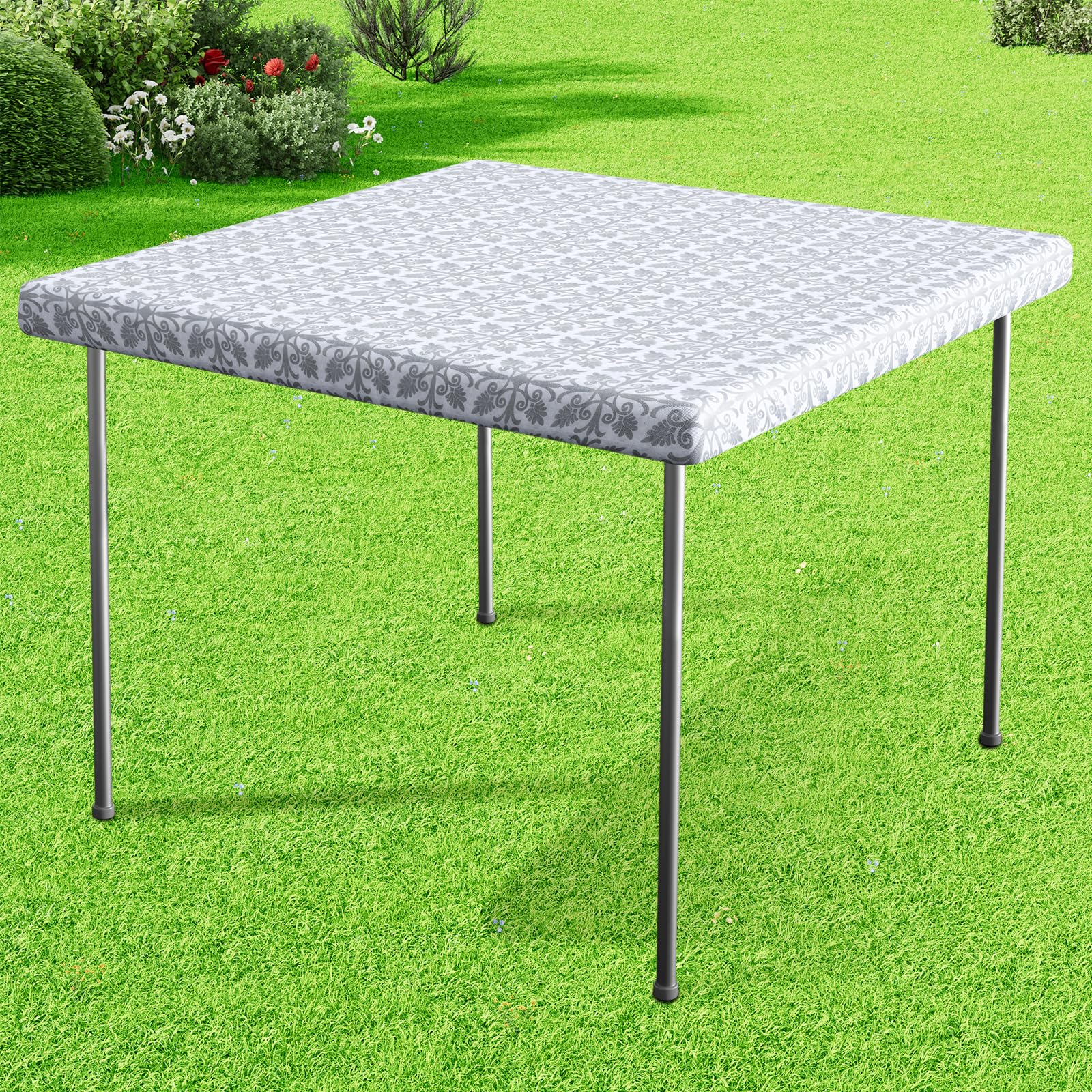 misaya Rectangle Vinyl Table Cloth, Elastic Fitted Flannel Backed Tablecloth, 100% Waterproof Plastic Table Cover Fits Folding Tables for Picnic, Camping, Outdoor (Silver Grey, 34" x 34") — image 1