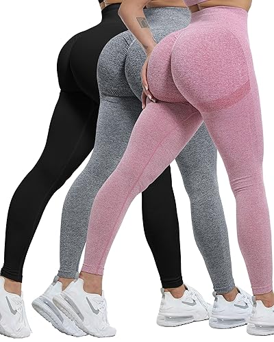 CHRLEISURE Workout Leggings Sets for Women, Gym Scrunch Butt Butt Lifting Seamless Leggings 3 Piece - Small - 3 Packs - Black/Gray/Pink