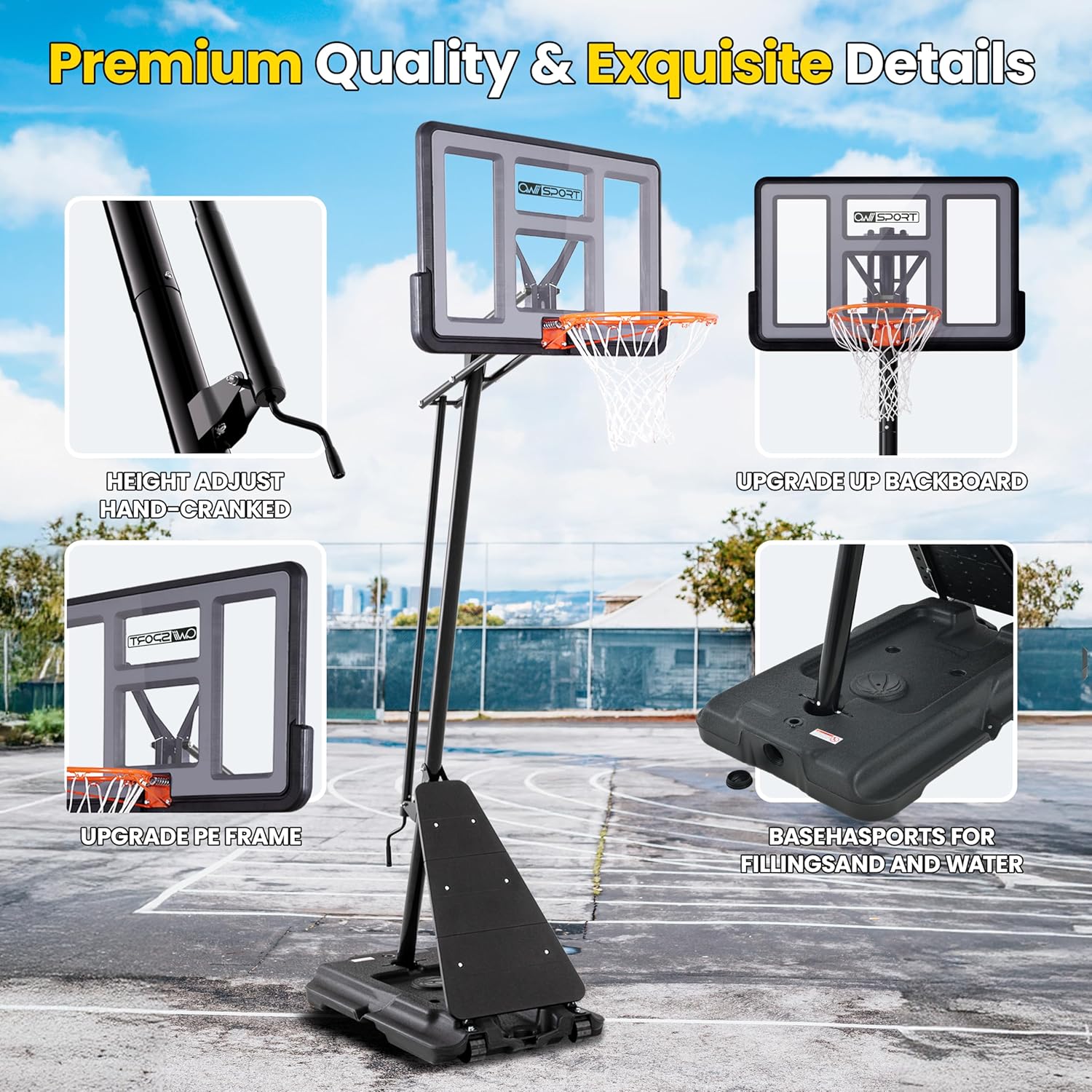 AWII SPORT Basketball Hoop Outdoor Protable 44/48Inch Impact Backboard, 5.3-10FT Height Adjustable Basketball Hoop Goal System with Portable Wheels for Adults
