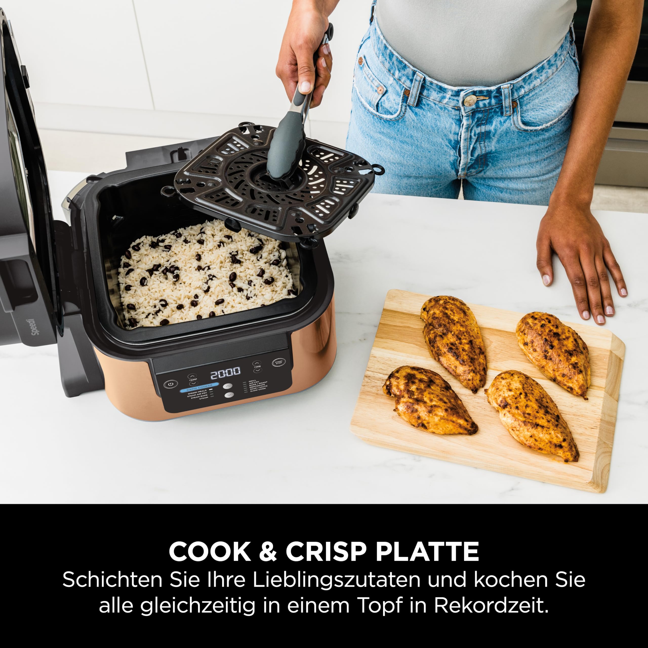 Ninja Speedi Multikocher, 5,7L, 10-in-1 Multicooker, Airfryer Heißluftfritteuse, Slow Cooker Langsamkochen, Grillen, Backen, Schwarz & Kupfer ON400EUCP