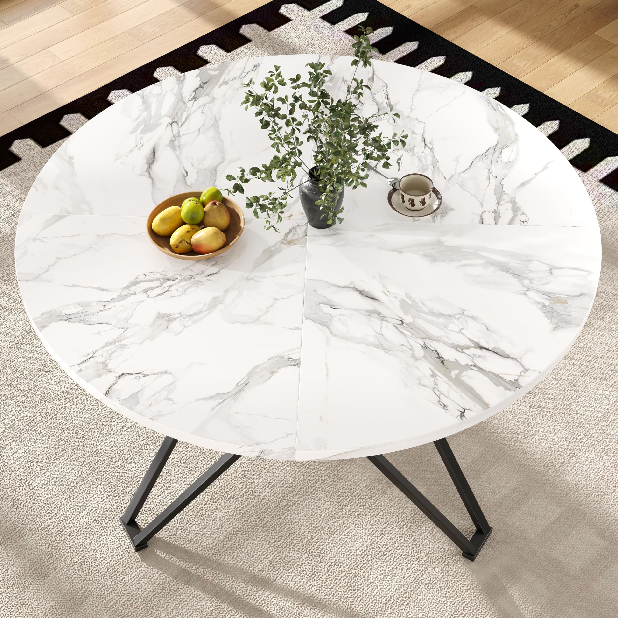 Tavolo da pranzo rotondo 100 cm con struttura in metallo nero - tavolo da cucina rotondo con decorazione in marmo in MDF, tavolo da pranzo per 4 persone con piedini regolabili, nero