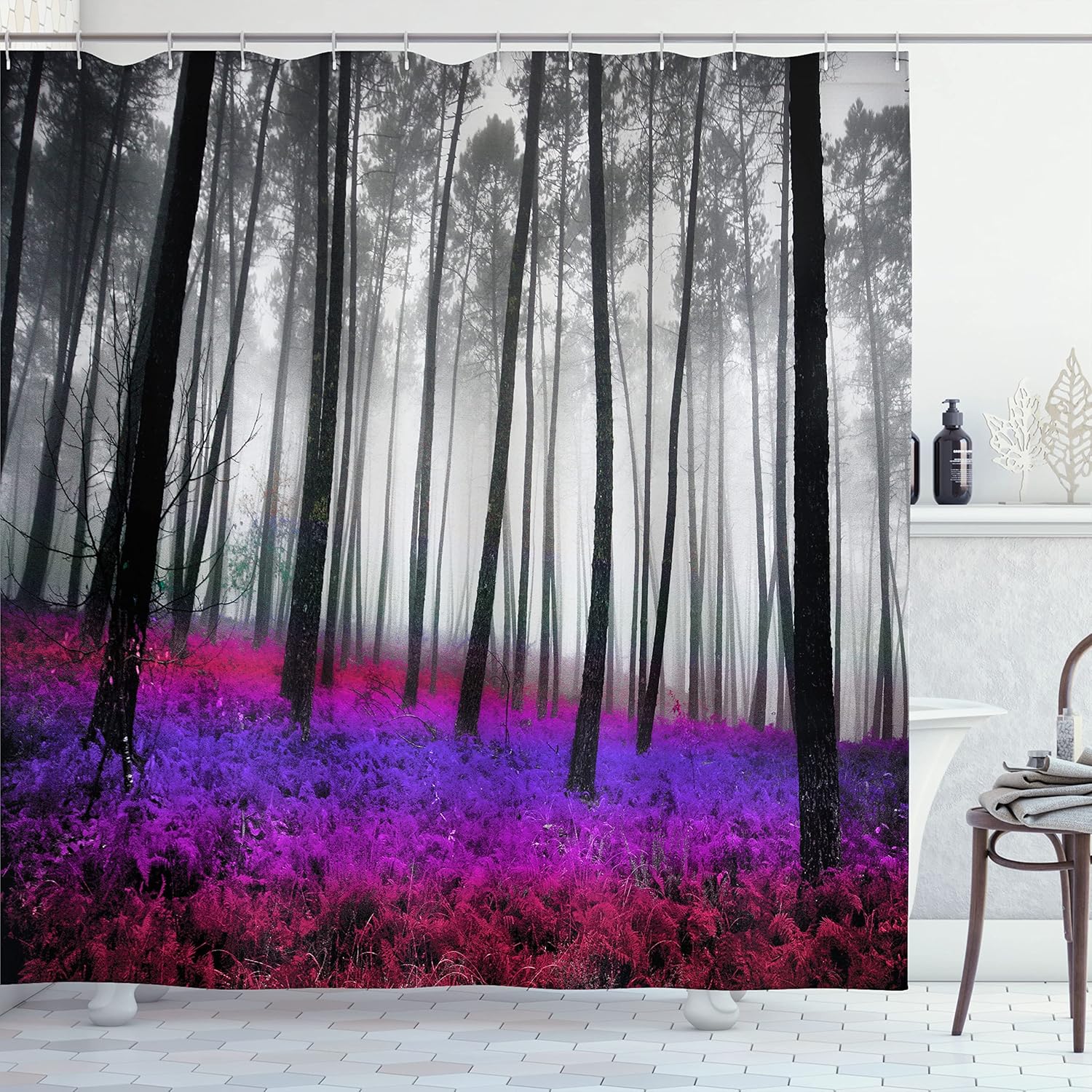 Ambesonne Forest Shower Curtain, Mystical Fantasy Woodland Under Heavy Fog Tall Trees Bushes Contrast Colors, Cloth Fabric Bathroom Decor Set with Hooks, 69" W x 70" L, Purple Magenta
