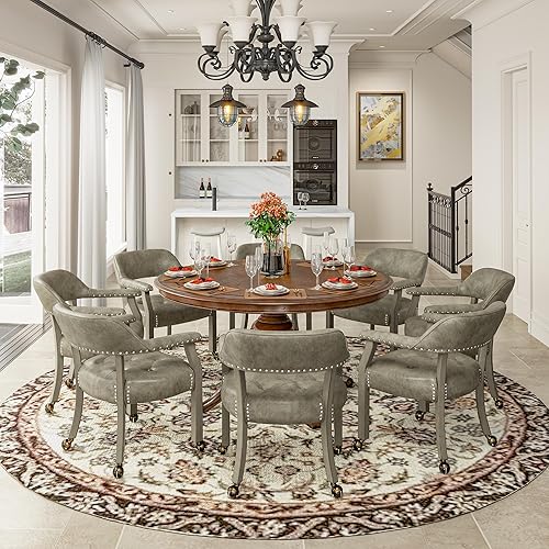 Miniatura 17 de Juego de 4 sillas de cuero de comedor con ruedas y brazos, silla de capitán Accent con ruedas, sillas de madera con ruedas enrollables para cocina y