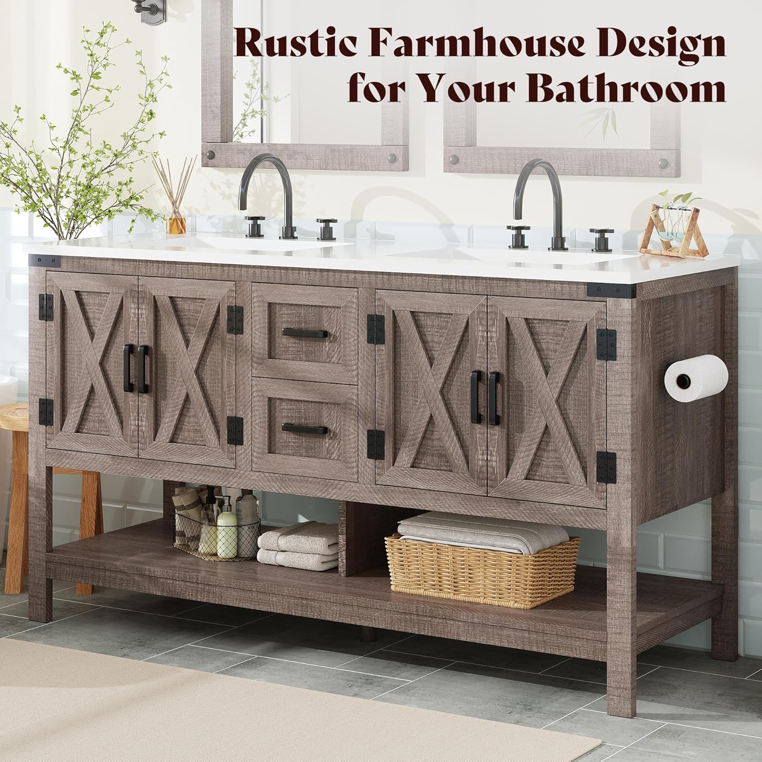 AMERLIFE 60” Farmhouse Bathroom Vanity with Double Sink, Freestanding Cabinet with 2 Drawers, 4 Barn Doors & Open Shelf, Rustic Storage for Master or Family Bathroom, Light Gray