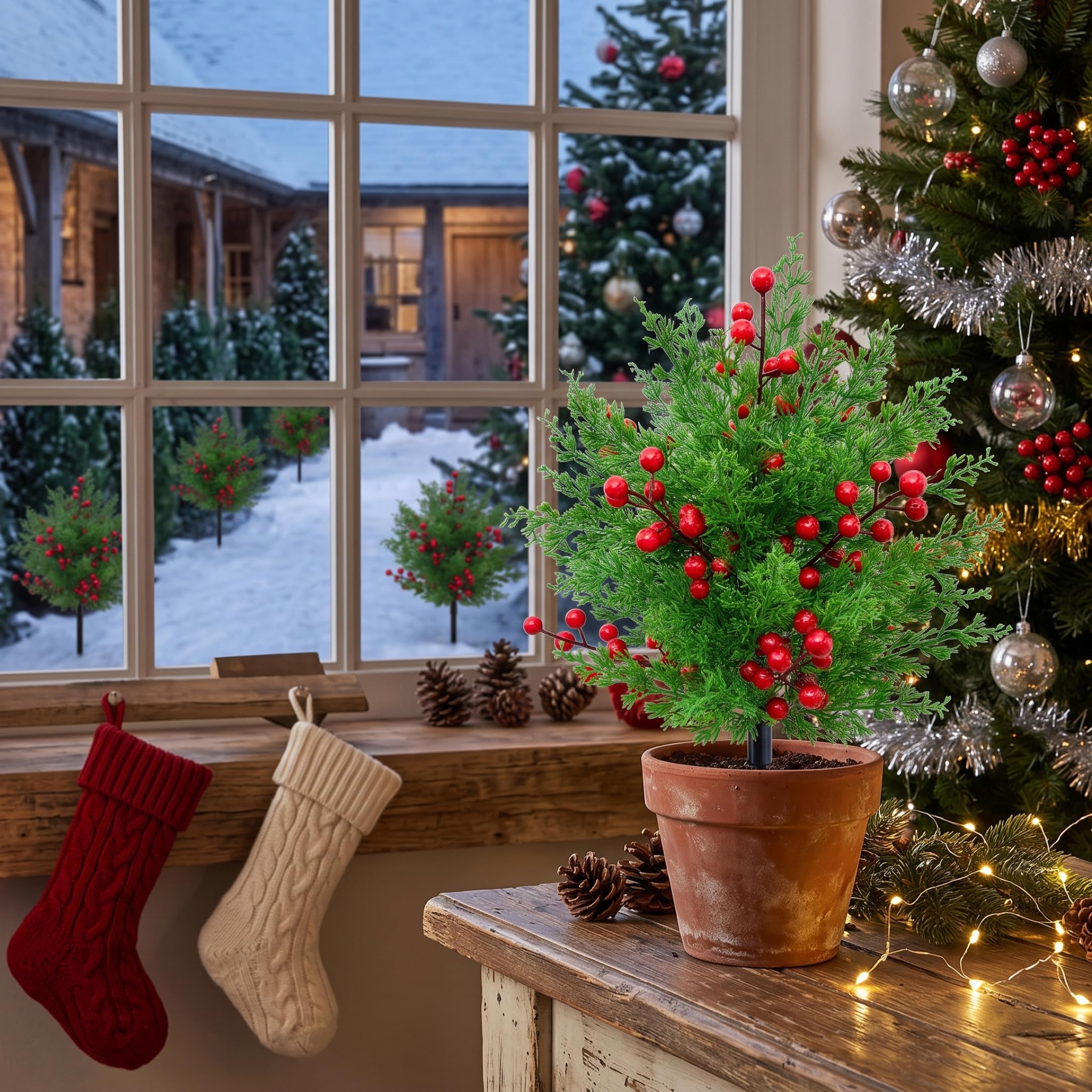 2 arbusti artificiali per esterni artificiali con bacche di albero di Natale artificiale per esterni