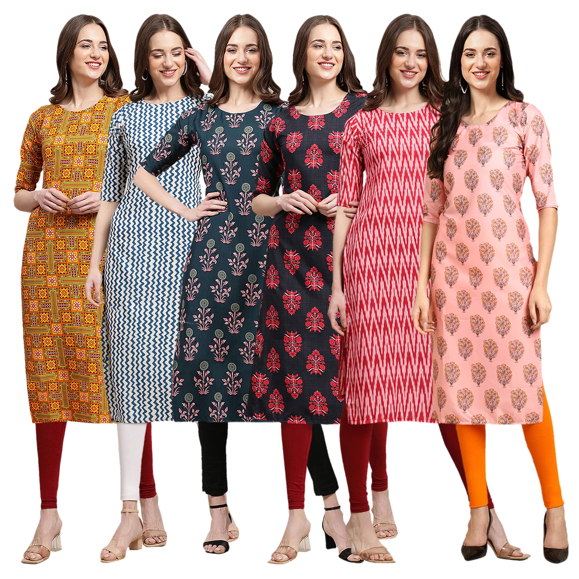 Pinkmint Women's Crepe Digital Print Straight Kurta(Pack Of 6)[Qv-333-331-335-345-328-368-M]