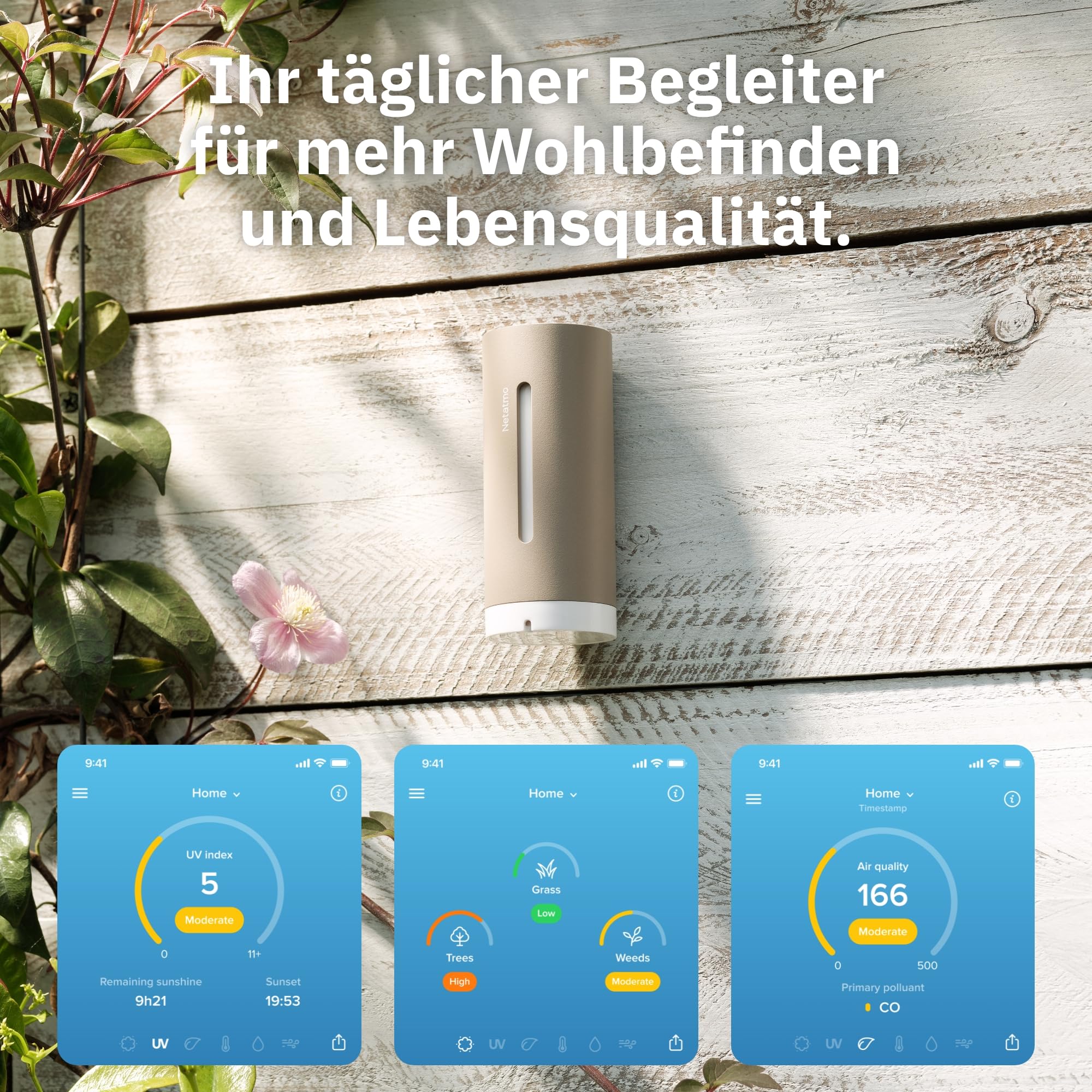 Netatmo Wetterstation ORIGINAL - 2. Generation, Innen & Außen, Temperatur, Luftfeuchtigkeit, Luftqualität, UV, Pollen, Wettervorhersage | Kompatibel mit Apple, Alexa, Google - Sand - NWS-S-EC