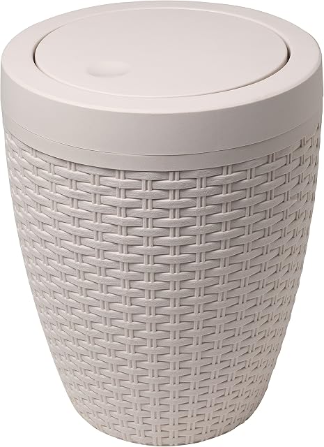 Addis 515799 Faux Rattan Round Bathroom Bin with Swing lid, Calico Linen
