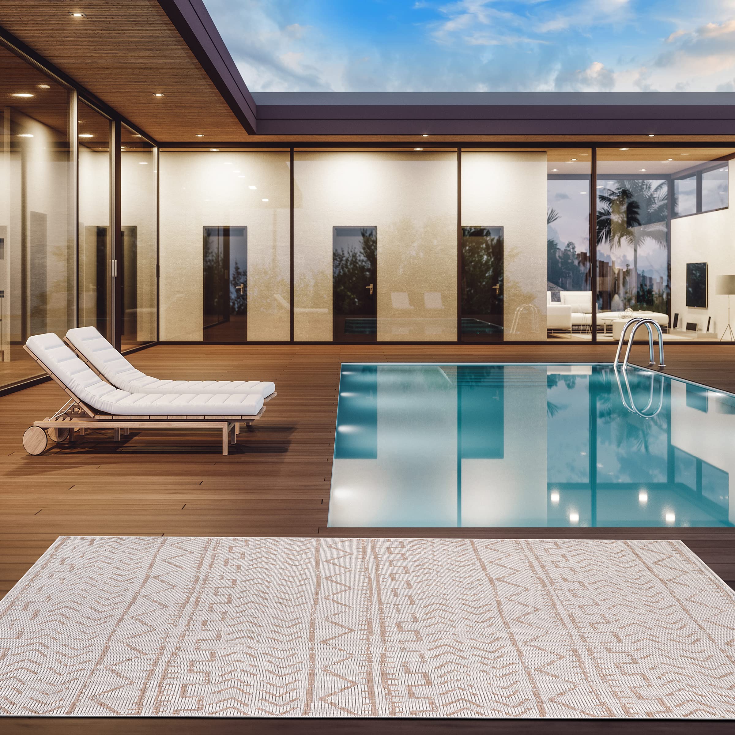 Beverly Rug Waikiki Indoor Outdoor Rug 6x9, Washable Outside Carpet for Patio, Deck, Porch, Trellis Area Rug, Water Resistant, Beige - White