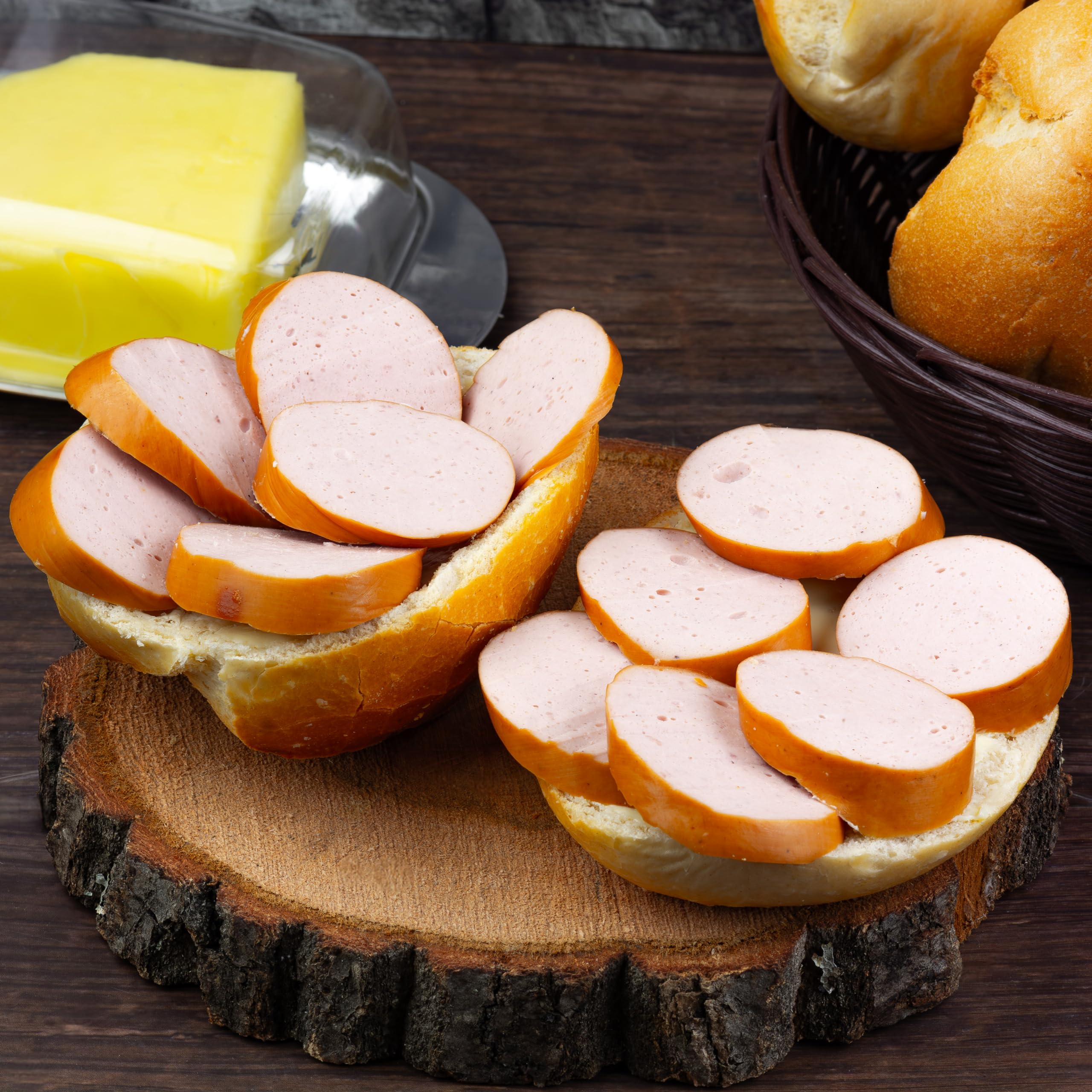 Food-United Lyoner Fleischwurst am Stück 3000g 6 Stück im Ring geräuchert essbare Haut saftig mild würzig ausgesuchte Grundmaterialien von Rind und Schwein Spitzenqualität aus Bayern