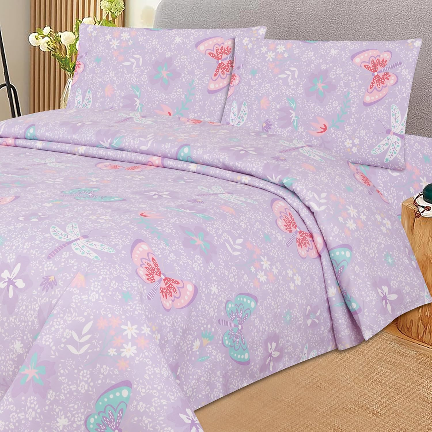 MK Collection Sheet Set Kids Teens Butterfly Lavander Aqua Blue Pink Luxury Sheet Set New (Queen)
