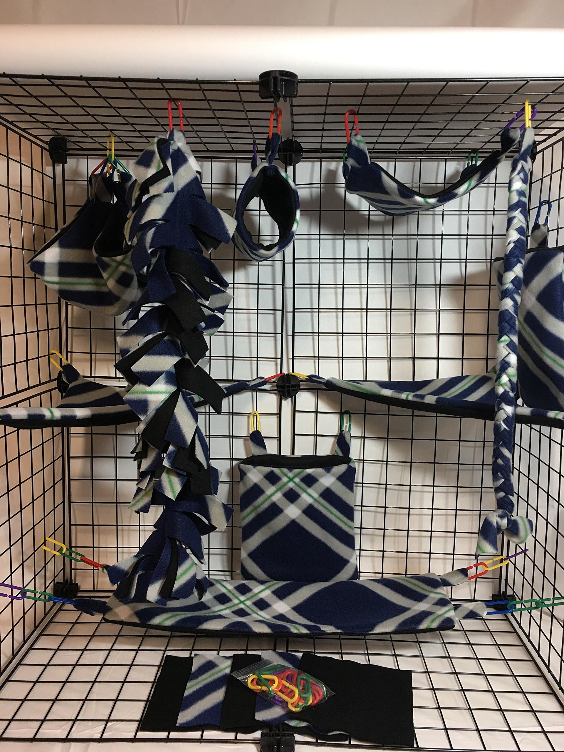 15 Piece Navy Blue,Gray,Green & White Sugar Glider Cage Set