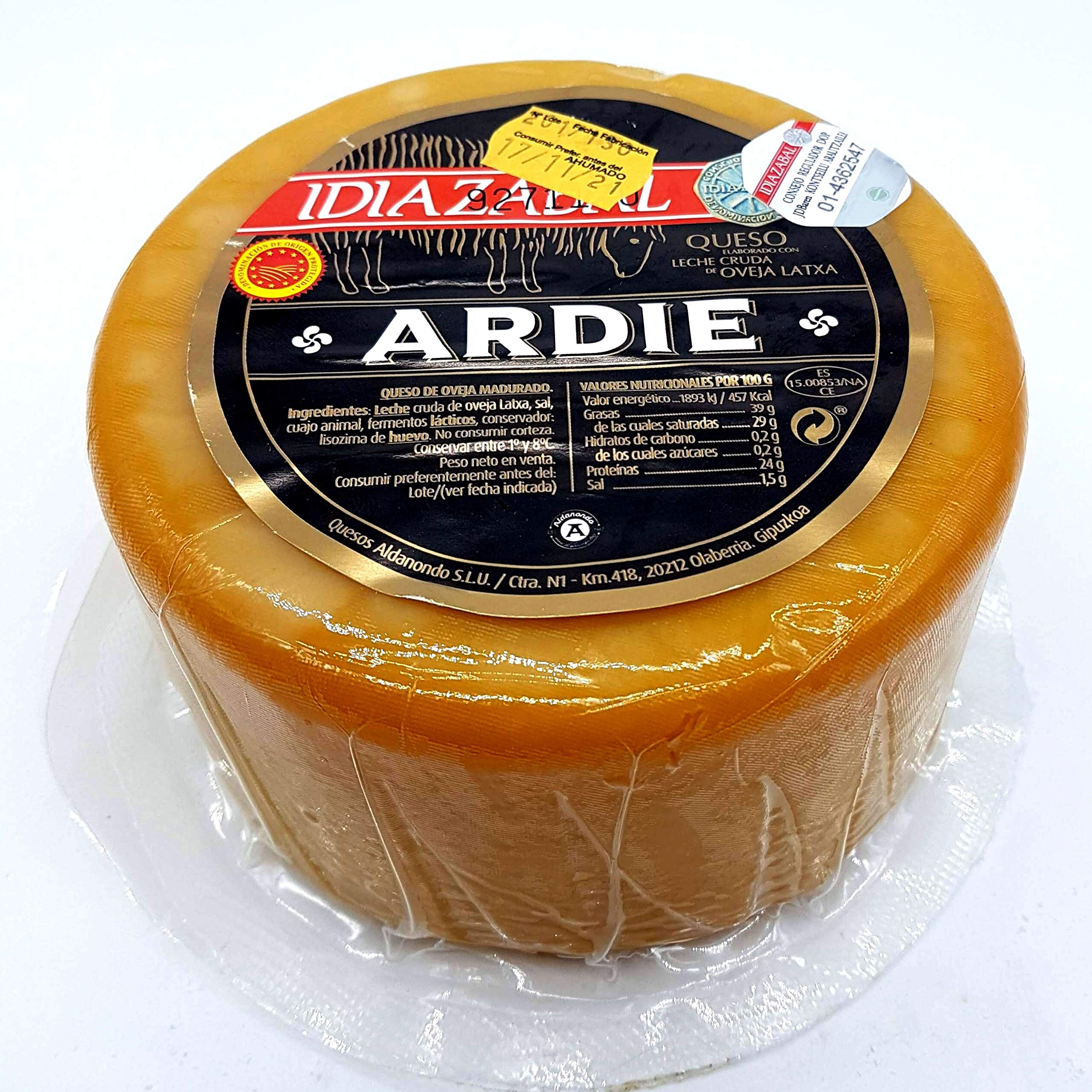 Queso Idiazabal Ahumado Aldanondo Ardie - Elaborado con Leche Cruda de Oveja Latxa - Peso Aproximado 1000 gramos - ideal para tapa, ración, ensalada, tosta, relleno, salsas y postres.