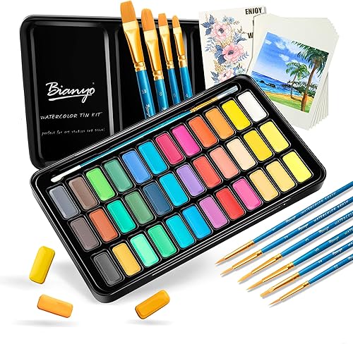 Bianyo - Juego de pintura de acuarela de 36 colores con 101 pincel de acuarela 8 hojas de acuarela una muestra de papel de acuarela y una bolsa con
