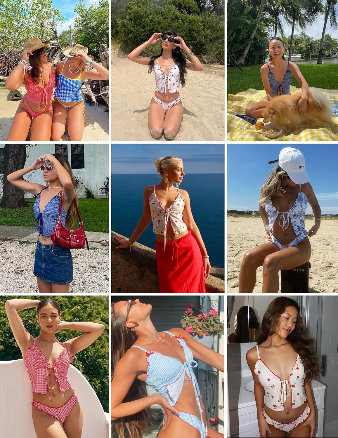 seamoly Women's Tankini Sets Tie Front Ruffle Bikini Set High Cut Thong Two Piece Swimsuit Floral Gingham Bathing Suit - Image 5