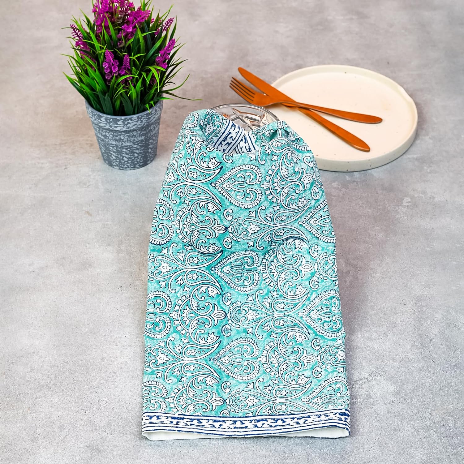 Perilla Home Set of 4 Cotton Blockprint Table Napkin 16X16 Inch, Handcrafted Block Print Rectangle Table Napkins for Dining Table, Washable Tablecloth for Christmas, Thanksgiving, Weddings, Atlas