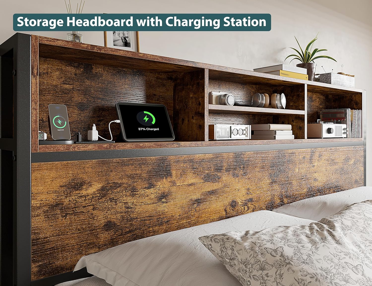 EnHomee King Size Bed Frame with 6 Storage Drawers King Bed Frame and Headboard, Storage Bed with Charging Station, No Noise,No Box Springs Needed,Vintage Brown