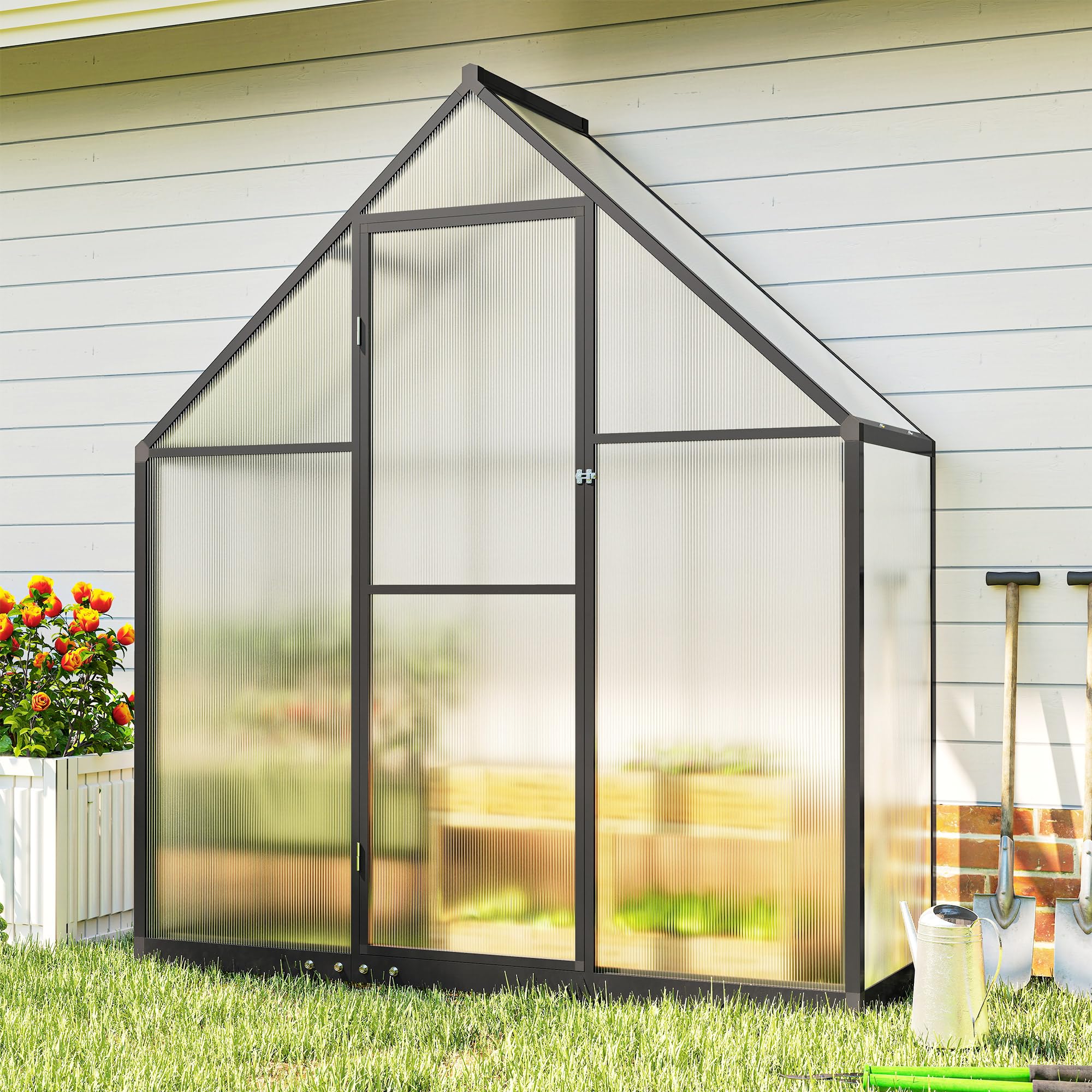 Outsunny Gewächshaus aus Aluminium und Polycarbonat, Gewächshaus mit verstellbarem Fenster und Flügeltür, wetterfestes Außenhaus für Pflanzen, Blumen, Gemüsegarten und Setzlinge, transparent