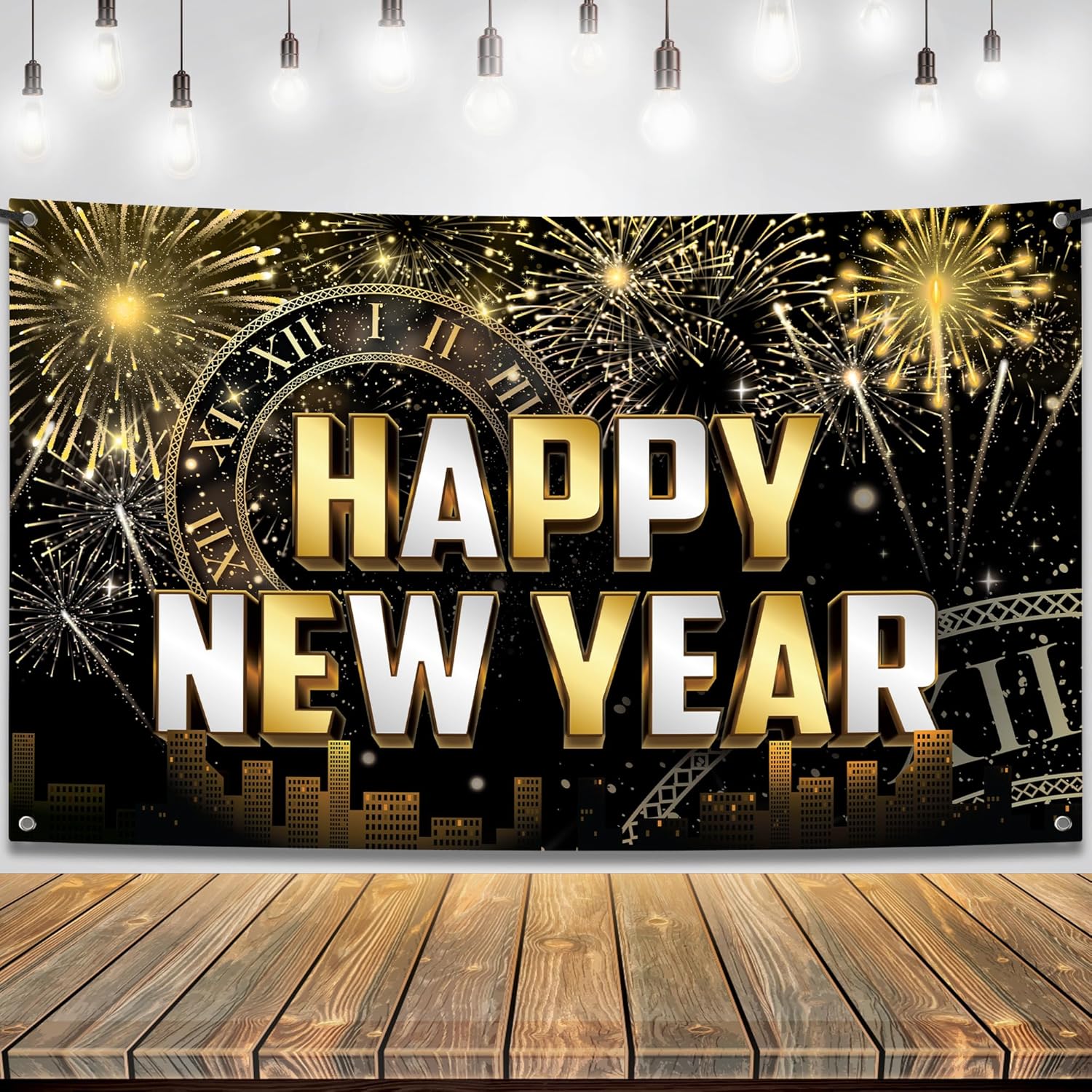 XtraLarge Happy New Year Banner - 72x44 Inch and Black and Gold New Years Decorations 2025 - Huge Pack of 115 | 2025 Balloons for Happy New Year Decorations 2025 | New Years Eve Party Supplies 2025