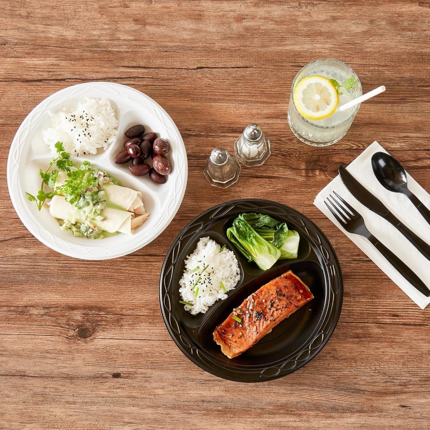 RW Base 9 Inch Microwavable Food Plates, 100 Round Plastic Plates - 3 Compartments, Disposable, Black Plastic Dinner Plates, Serve Hot And Cold Foods, For Restaurants And Cafes - Restaurantware