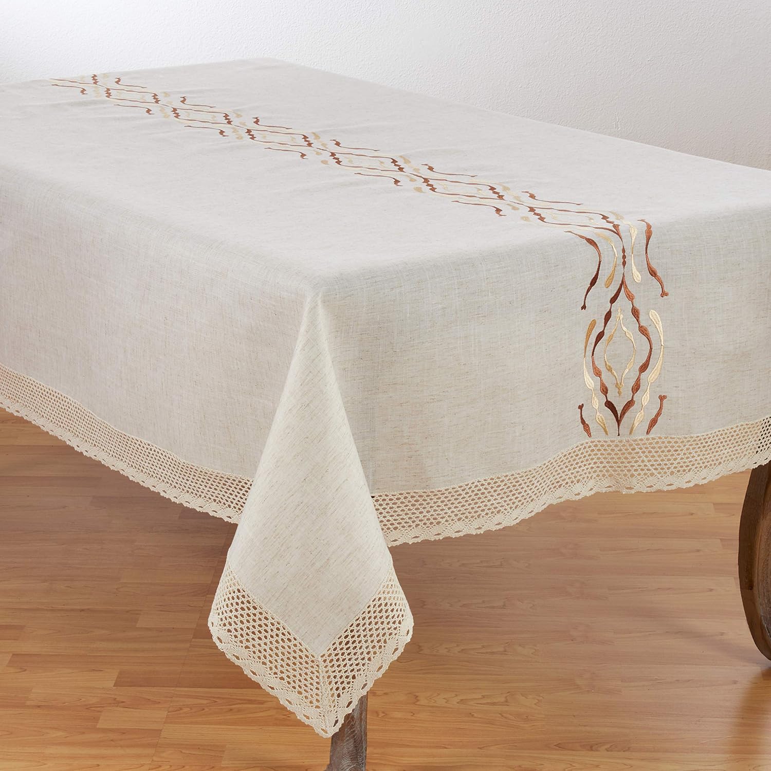 SARO LIFESTYLE 4799.N72S Caledonia Collection Poly and Linen Blend Tablecloth with Laced Borders, 72", Natural