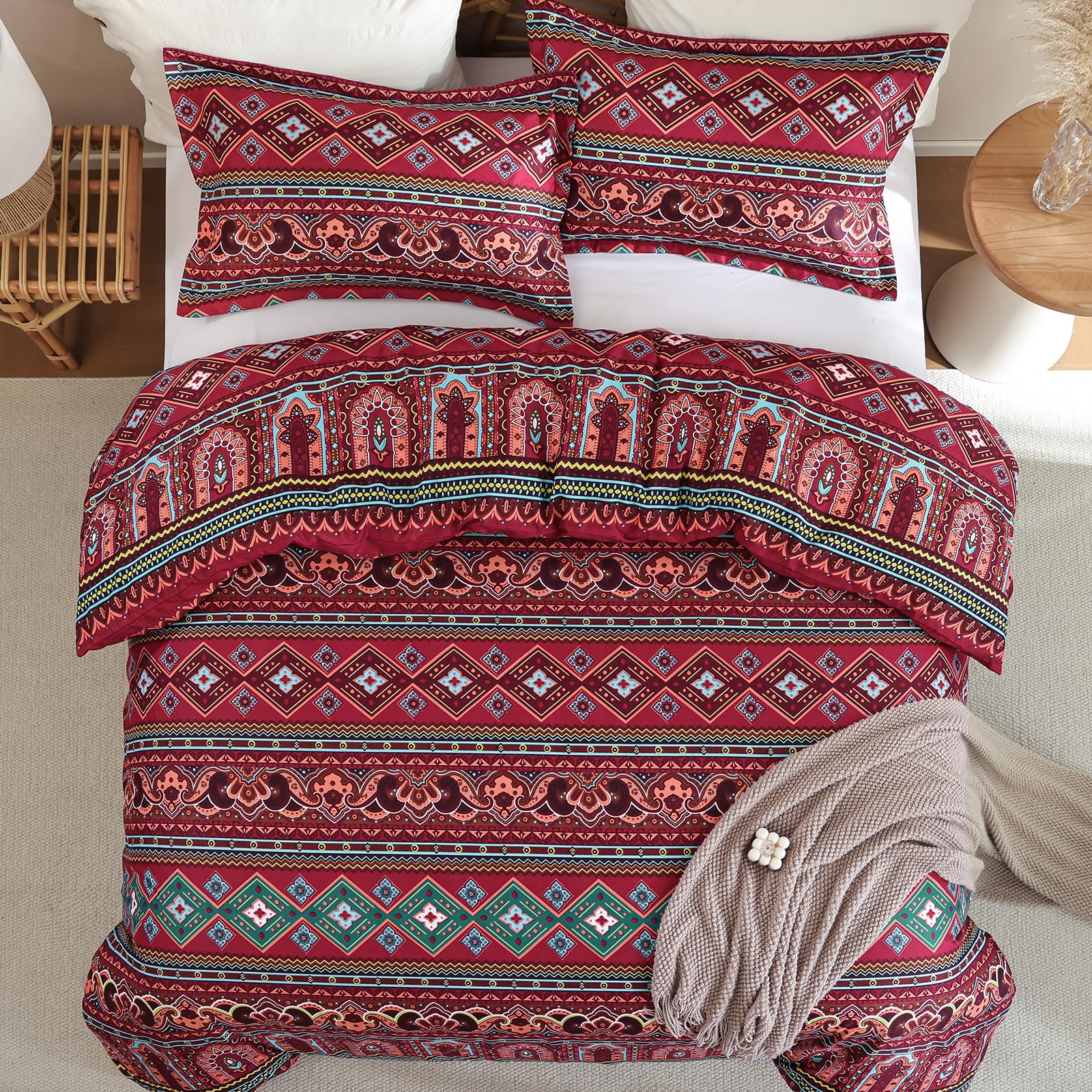WONGS BEDDING Burgundy Bohemian King Size Duvet Cover Set Colorful Boho Striped Bedding Set with 2 Pillowcases Soft Microfiber Moroccan Quilt Cover with Zipper Closure 220x230cm — image 1