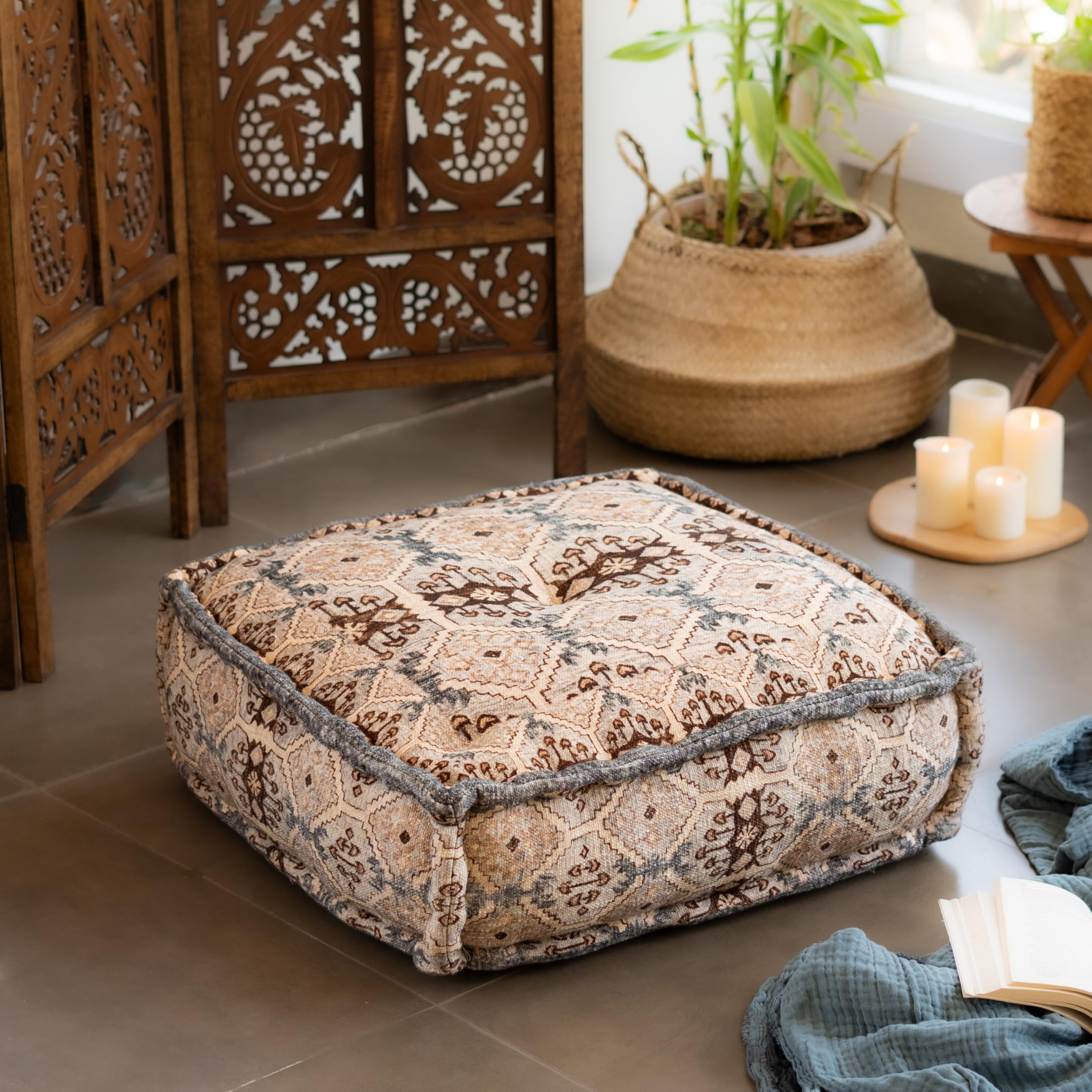 RITUALISTIC Hand Block Print Square Floor Cushion | Floor Cushions for Living Room,Meditation,Reading Nook & Yoga | Home Decor Accent & Extra Seating with Style | Size 51 cms x 51 cms x 20 cms|Rust-image-31