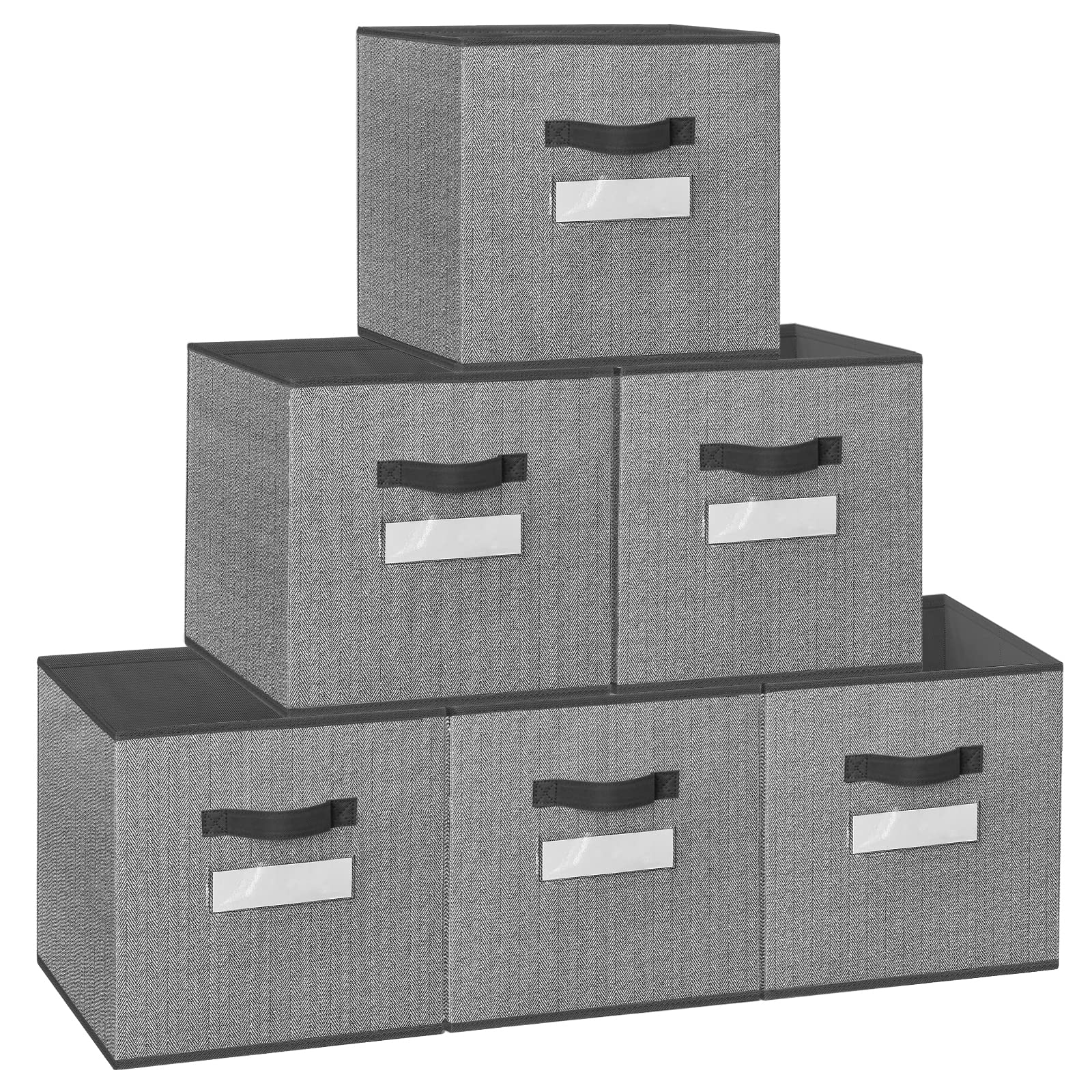 homyfort Cube Storage Organizer Bins 13x13 - Fabric Square Box Foldable Baskets with Labels and Dual Sturdy Handles for Shelf, Nursery, Cabinet, Clothes, Toys, Set of 6 (Grey Herringbone Pattern)