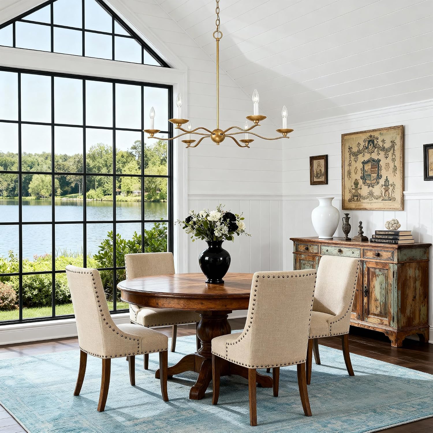 KSANA Brushed Antique Gold Chandelier, Elegant 30" Transitional Dining Room Hanging Light Fixture with Curved Arms and 6 Candle-Style Lights