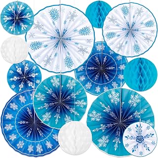 13Pcs Winter Snowflakes Hanging Paper Fans Decorations - Christmas Wonderland Blue White Ceiling Wall Decor for Classroom Birthday Holiday Party Supplies